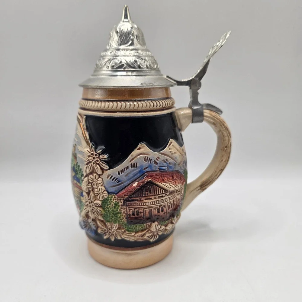 Salzburg Austria Beer Stein Lidded Pewter Cobalt Blue Relief Edelweiss Alps Mug